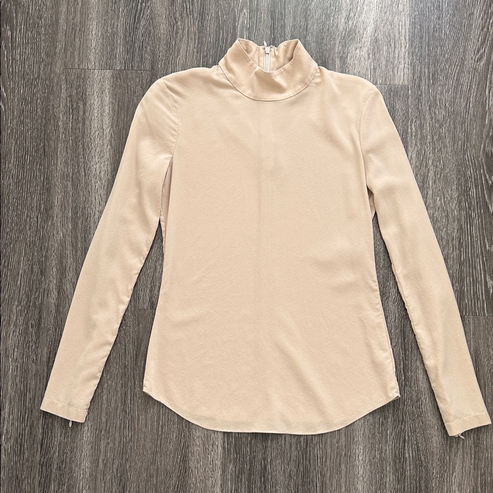 Theory Nude Long Sleeve Silk Turtleneck Blouse